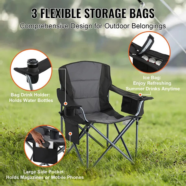 AEELLEEA 350LBS Folding Camping Chair 38.58" x 24.8" x 38.98", Heavy Duty Oxford Camp Chair with Cup Holder Cooler Bag for Outdoor Beach
