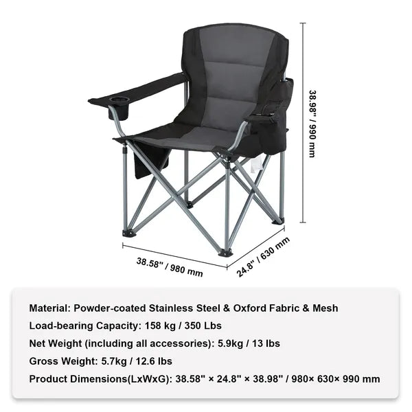 AEELLEEA 350LBS Folding Camping Chair 38.58" x 24.8" x 38.98", Heavy Duty Oxford Camp Chair with Cup Holder Cooler Bag for Outdoor Beach