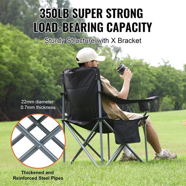 Aeelleea Folding Camping Chair, 38.98×38.58×24.8 Inch Heavy Duty Chair with Cup Holder, Side Pocket & Cooler Bag, Padded Back for Beach Fishing