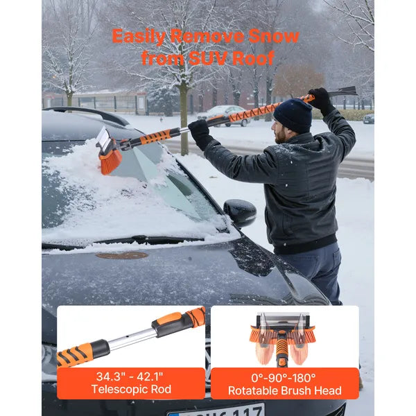 Aeelleea 34.25-42.13 Inch Telescopic Snow Brush, 180° Rotatable Head with Ice Scraper & Squeegee, 3-in-1 Car Snow Removal Tool for Car Truck SUV RV