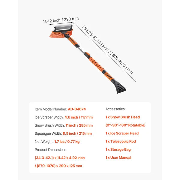 Aeelleea 34.25-42.13 Inch Telescopic Snow Brush, 180° Rotatable Head with Ice Scraper & Squeegee, 3-in-1 Car Snow Removal Tool for Car Truck SUV RV