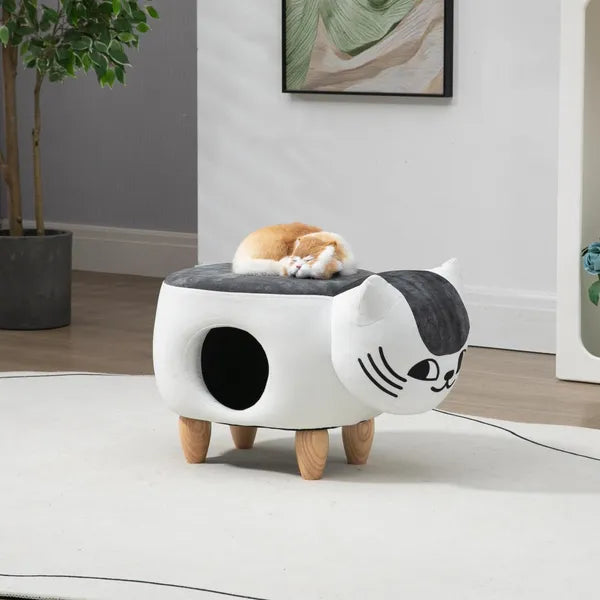 Aeelleea Cat Ottoman Stool, Cute Cat Shape Cat House Ottoman with Cat Cave Hole, Wooden Legs Pet House Footrest Stool for Indoor Cat Rest