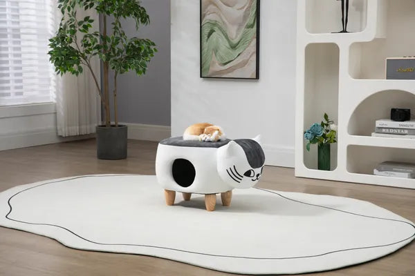 Aeelleea Cat Ottoman Stool, Cute Cat Shape Cat House Ottoman with Cat Cave Hole, Wooden Legs Pet House Footrest Stool for Indoor Cat Rest