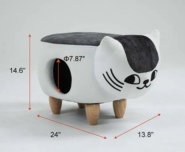 Aeelleea Cat Ottoman Stool, Cute Cat Shape Cat House Ottoman with Cat Cave Hole, Wooden Legs Pet House Footrest Stool for Indoor Cat Rest