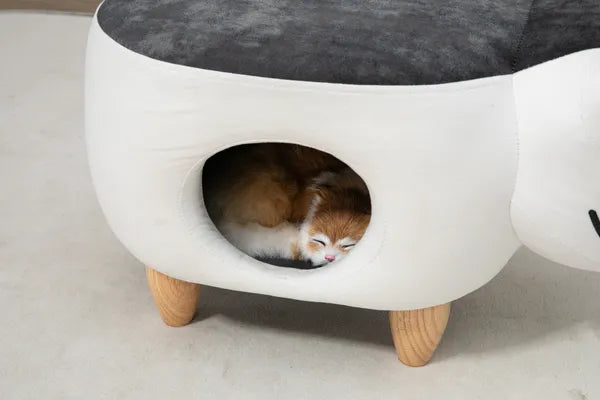 Aeelleea Cat Ottoman Stool, Cute Cat Shape Cat House Ottoman with Cat Cave Hole, Wooden Legs Pet House Footrest Stool for Indoor Cat Rest