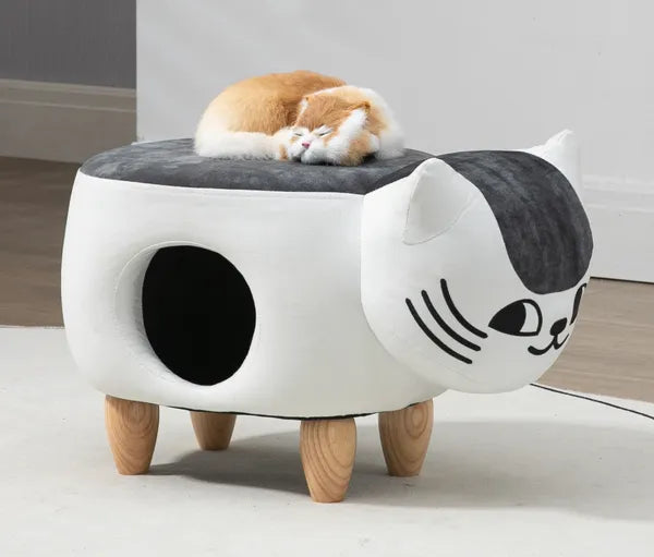 Aeelleea Cat Ottoman Stool, Cute Cat Shape Cat House Ottoman with Cat Cave Hole, Wooden Legs Pet House Footrest Stool for Indoor Cat Rest