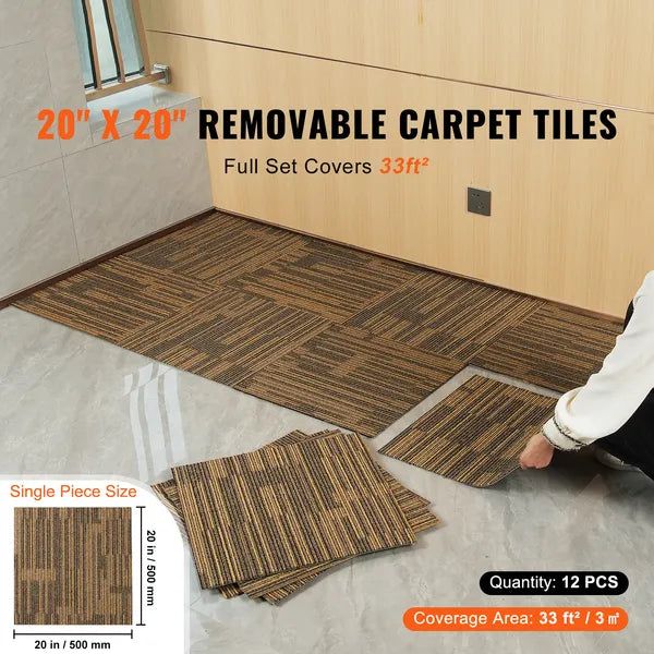 Carpet Tiles 20x20 Peel and Stick Carpet Squares with Padding Attached 12 Tiles Covers 33 sq ft Mixed Brown for Bedroom Living Room
