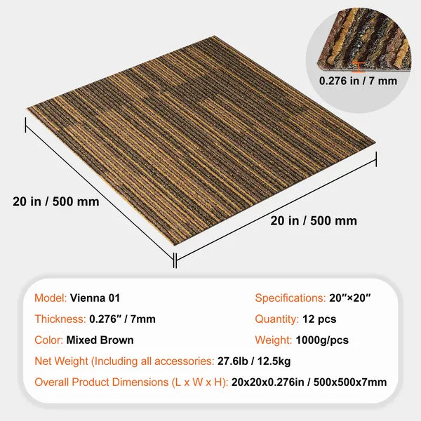 Carpet Tiles 20x20 Peel and Stick Carpet Squares with Padding Attached 12 Tiles Covers 33 sq ft Mixed Brown for Bedroom Living Room