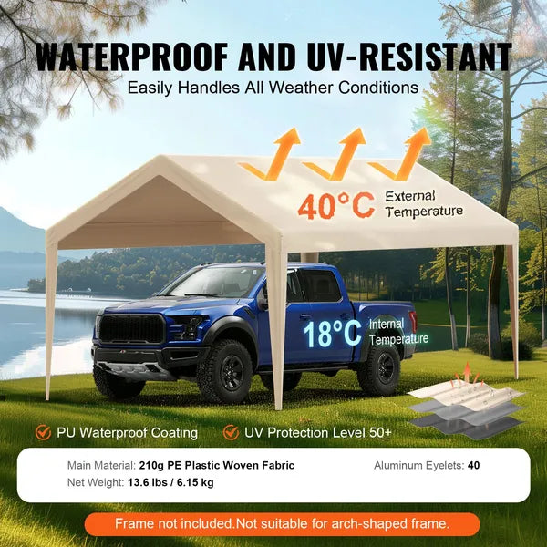 Aeelleea 10x20 FT Carport Replacement Canopy Cover, Heavy Duty Waterproof UV Resistant Car Shelter Top, Beige Only Cover No Frame