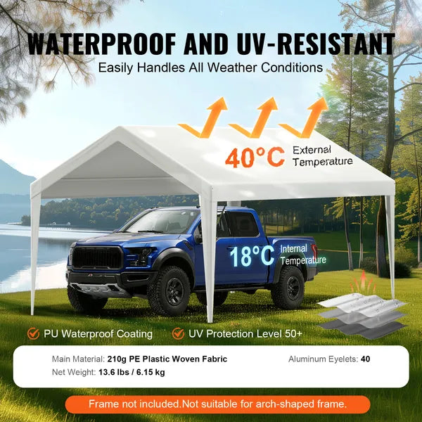 Aeelleea 10x20 FT Carport Replacement Canopy Cover, Heavy Duty Waterproof UV Resistant Car Shelter Top, White Only Cover No Frame