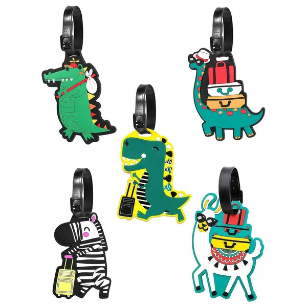 AEELLEEA 5 Pack Cute Cartoon Animal Silicone Luggage Tags, Dinosaur Zebra Alpaca Travel Bag Tags with Privacy Cover & Adjustable Strap