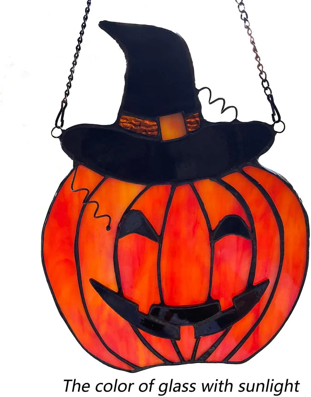 Carved Pumpkin with Witch Hat Stained Glass Window Panel, Handcrafted Fall Halloween Home Decor Suncatcher, Orange 6 x 8 Inch