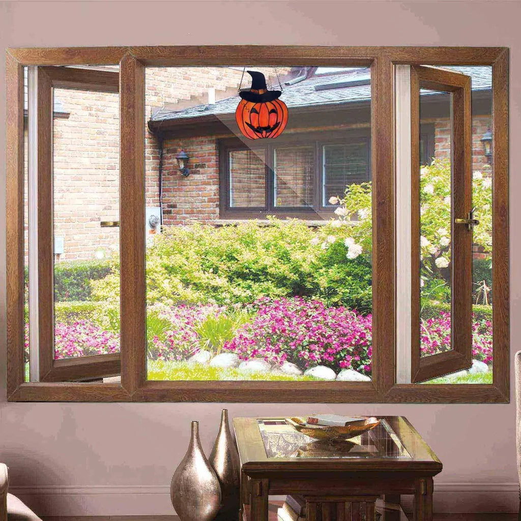 Carved Pumpkin with Witch Hat Stained Glass Window Panel, Handcrafted Fall Halloween Home Decor Suncatcher, Orange 6 x 8 Inch