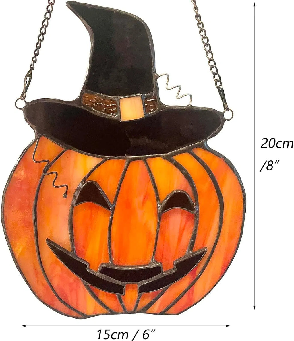 Carved Pumpkin with Witch Hat Stained Glass Window Panel, Handcrafted Fall Halloween Home Decor Suncatcher, Orange 6 x 8 Inch