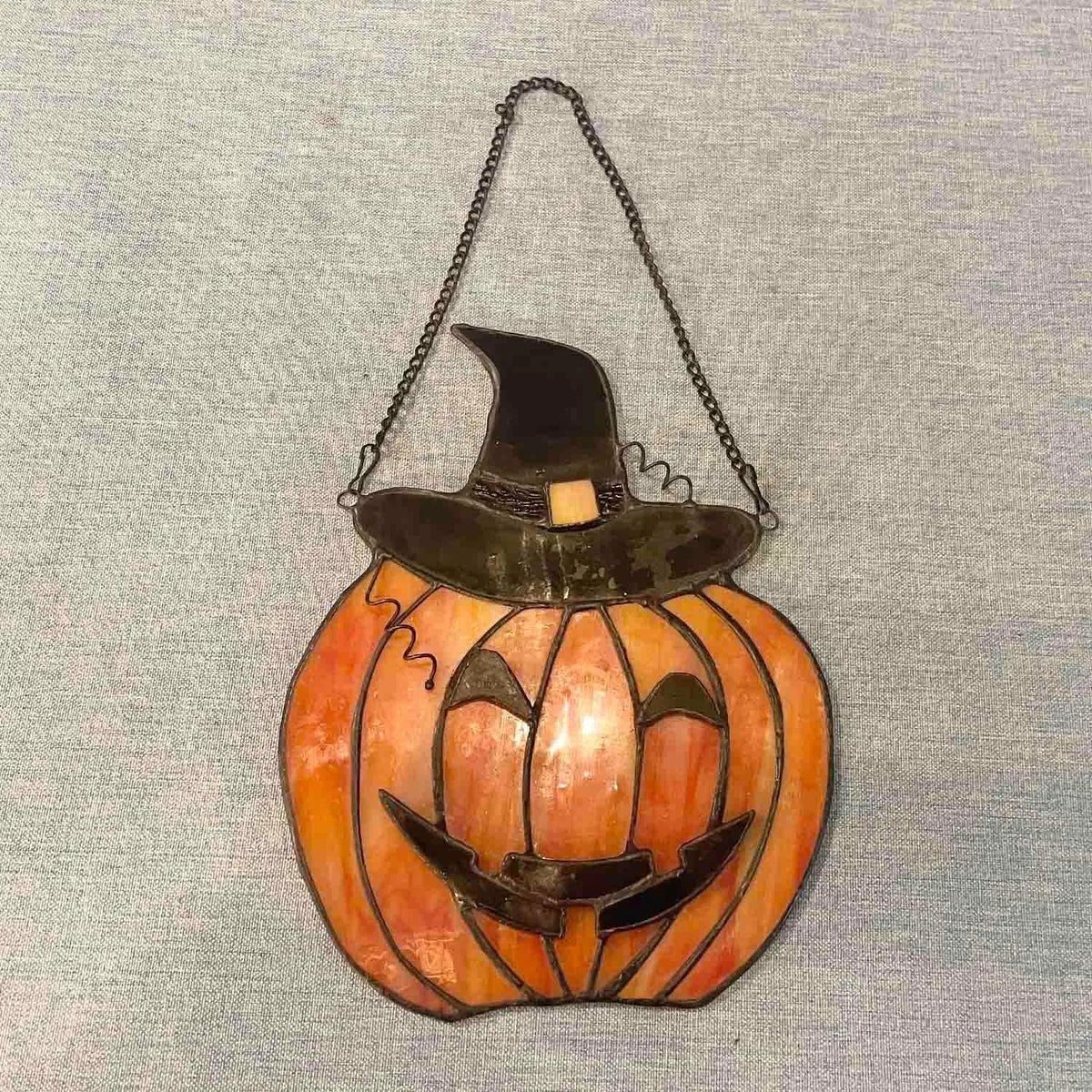 Carved Pumpkin with Witch Hat Stained Glass Window Panel, Handcrafted Fall Halloween Home Decor Suncatcher, Orange 6 x 8 Inch