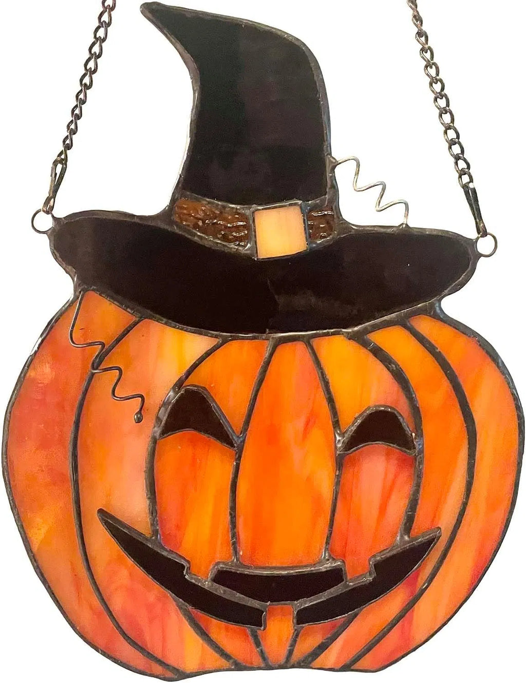Carved Pumpkin with Witch Hat Stained Glass Window Panel, Handcrafted Fall Halloween Home Decor Suncatcher, Orange 6 x 8 Inch