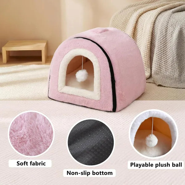 Aeelleea 2 in 1 Foldable Pink Cat Cave Bed, Anti-Slip Waterproof Bottom Plush Cat House Tent for Indoor Cats, Small Dogs & Rabbits, Size 17.5"x16.9"x15.9"