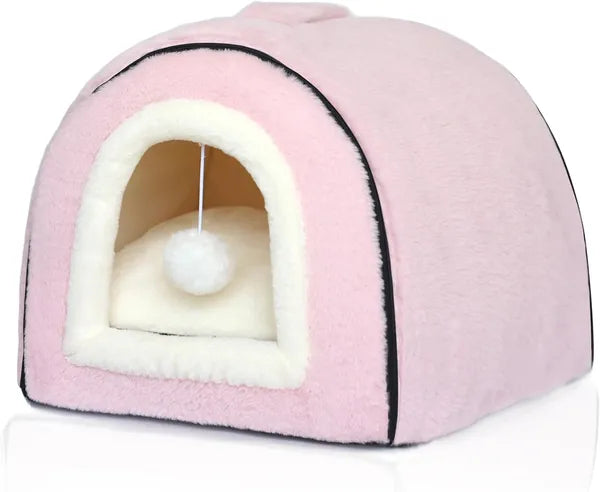 Aeelleea 2 in 1 Foldable Pink Cat Cave Bed, Anti-Slip Waterproof Bottom Plush Cat House Tent for Indoor Cats, Small Dogs & Rabbits, Size 17.5"x16.9"x15.9"