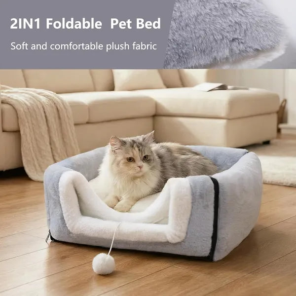 Aeelleea 2 in 1 Foldable Light Gray Cat Cave Bed, Anti-Slip Waterproof Bottom Plush Cat House Tent for Indoor Cats, Small Dogs & Rabbits, L Size 17.5"x16.9"x15.9"