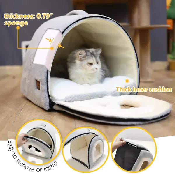 Aeelleea 2 in 1 Foldable Light Gray Cat Cave Bed, Anti-Slip Waterproof Bottom Plush Cat House Tent for Indoor Cats, Small Dogs & Rabbits, L Size 17.5"x16.9"x15.9"