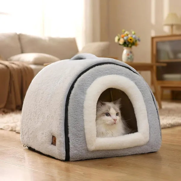 Aeelleea 2 in 1 Foldable Light Gray Cat Cave Bed, Anti-Slip Waterproof Bottom Plush Cat House Tent for Indoor Cats, Small Dogs & Rabbits, L Size 17.5"x16.9"x15.9"