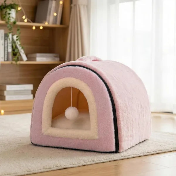 Aeelleea 2 in 1 Foldable Pink Cat Cave Bed, Anti-Slip Waterproof Bottom Plush Cat House Tent for Indoor Cats, Small Dogs & Rabbits, Size 17.5"x16.9"x15.9"
