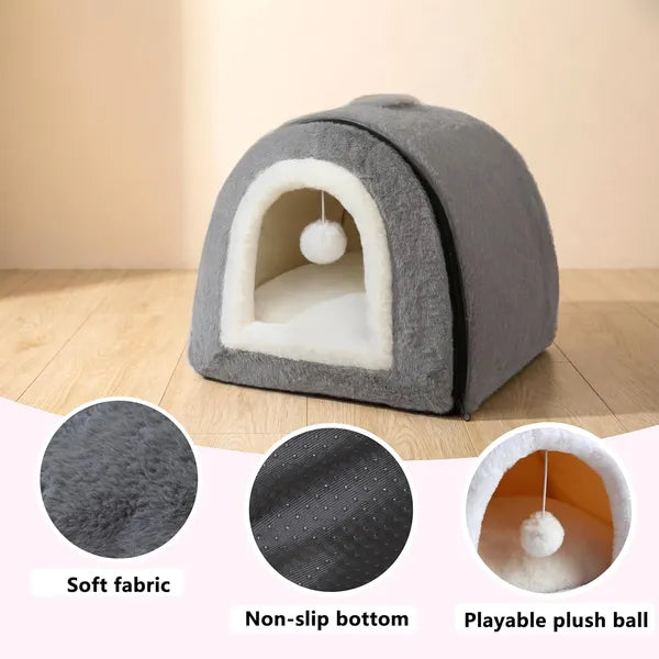 Aeelleea 2 in 1 Foldable Light Gray Cat Cave Bed, Anti-Slip Waterproof Bottom Plush Cat House Tent for Indoor Cats, Small Dogs & Rabbits, L Size 17.5"x16.9"x15.9"