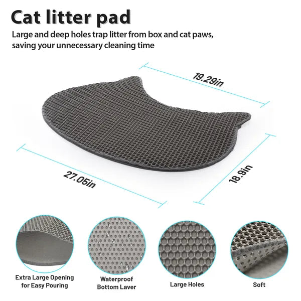 Cat Litter Mat, Double-Layer Honeycomb Litter Trapping Mat, Waterproof Easy-Clean Cat Head Design, Dark Gray