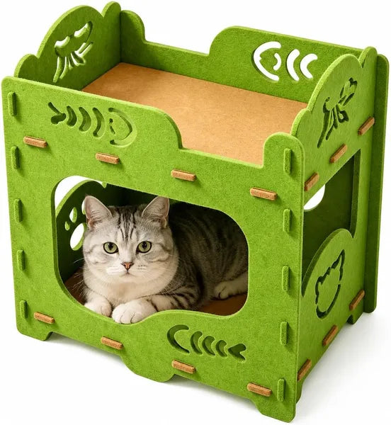 Aeelleea 2-Tier Foldable Cat House, Indoor Scratch Resistant Cat Cave Hideout, Double Layer Cat Bed Tunnel for Kittens Multi Cat Family