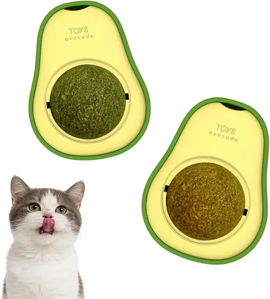 AEELLEEA Avocado Shaped Catnip Ball Toy, 360° Rotatable Silver Vine Cat Toy with Double-sided Tape, Wall Mount Interactive Teeth Cleaning Toy for Indoor Cats