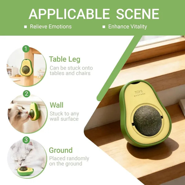 AEELLEEA Avocado Shaped Catnip Ball Toy, 360° Rotatable Silver Vine Cat Toy with Double-sided Tape, Wall Mount Interactive Teeth Cleaning Toy for Indoor Cats