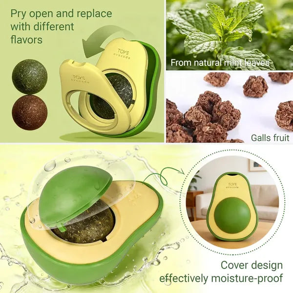 AEELLEEA Avocado Shaped Catnip Ball Toy, 360° Rotatable Silver Vine Cat Toy with Double-sided Tape, Wall Mount Interactive Teeth Cleaning Toy for Indoor Cats