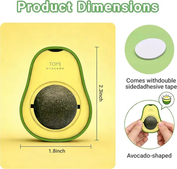 AEELLEEA Avocado Shaped Catnip Ball Toy, 360° Rotatable Silver Vine Cat Toy with Double-sided Tape, Wall Mount Interactive Teeth Cleaning Toy for Indoor Cats