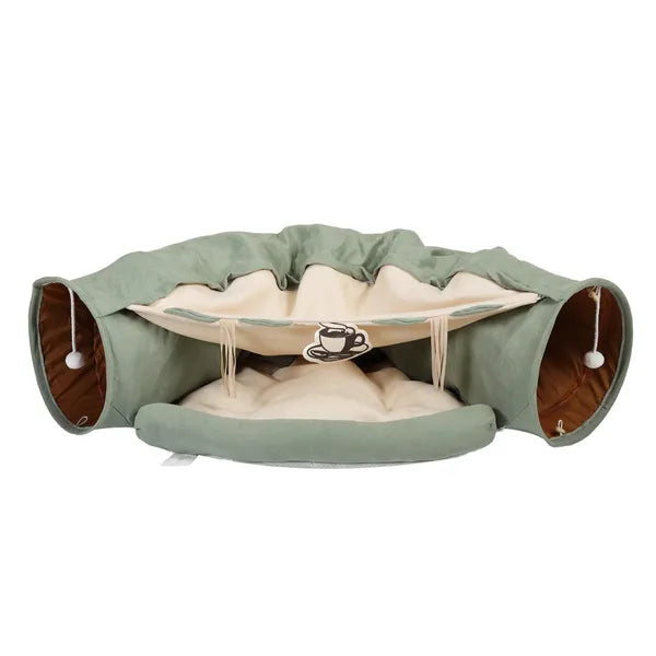 ：2-in-1 Collapsible Cat Tunnel Bed with Hanging Balls & Removable Cushion, Interactive Cat Tube Toy, Cozy Indoor Cat Hideout for Kittens and Adult Cats Play & Rest