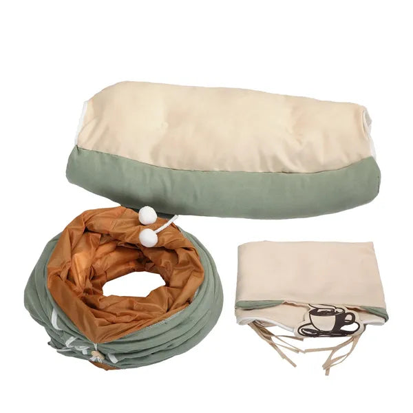 ：2-in-1 Collapsible Cat Tunnel Bed with Hanging Balls & Removable Cushion, Interactive Cat Tube Toy, Cozy Indoor Cat Hideout for Kittens and Adult Cats Play & Rest