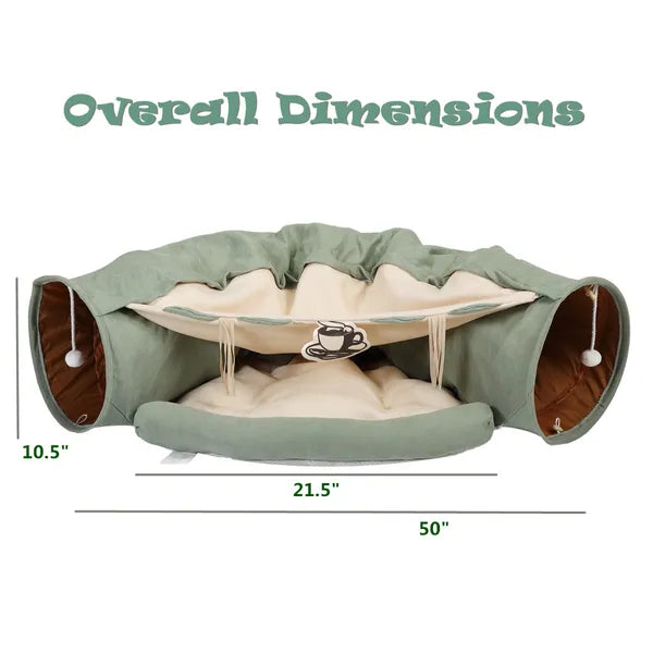 ：2-in-1 Collapsible Cat Tunnel Bed with Hanging Balls & Removable Cushion, Interactive Cat Tube Toy, Cozy Indoor Cat Hideout for Kittens and Adult Cats Play & Rest