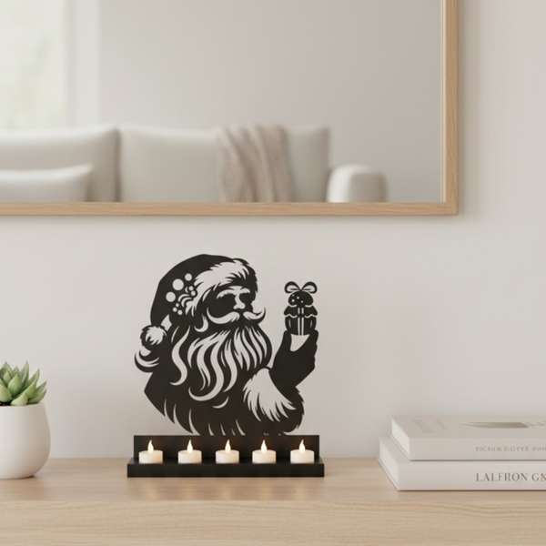 Santa Claus Christmas Candle Holder, Black Metal Tealight Holder with 5 Slots, Festive Christmas Table Decoration for Home Holiday Decor