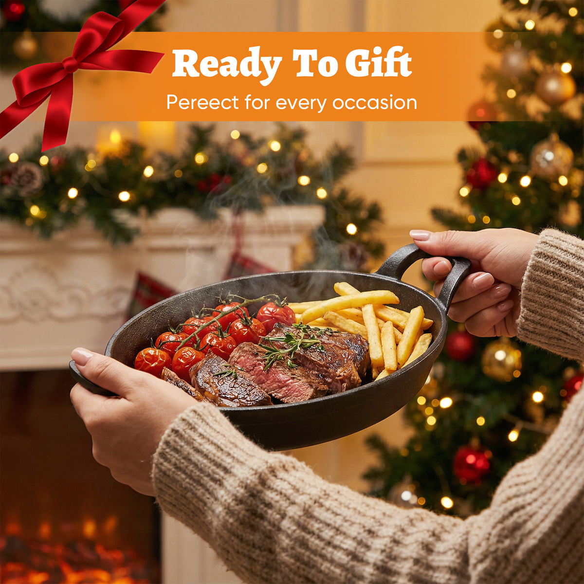 Oval Cast Iron Fajita Pan with Wooden Base, Double Handles, Individual Baking Dish for Steak, Casserole, Bakeware Set, Available in 2 Pack & 4 Pack