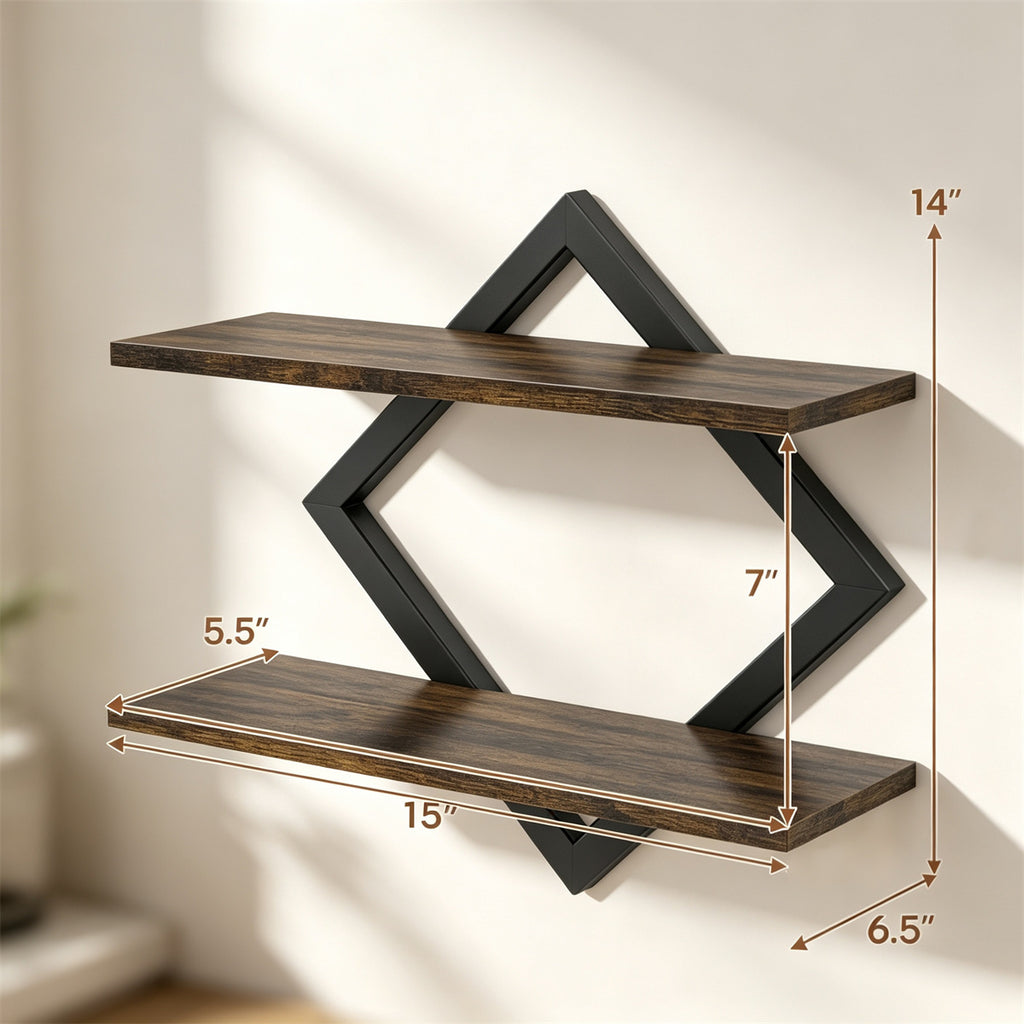 2 Pack Diamond Floating Wall Shelves, Rustic Wood & Metal Double Tier Wall Mount Shelf for Bedroom Living Room Kitchen Decor