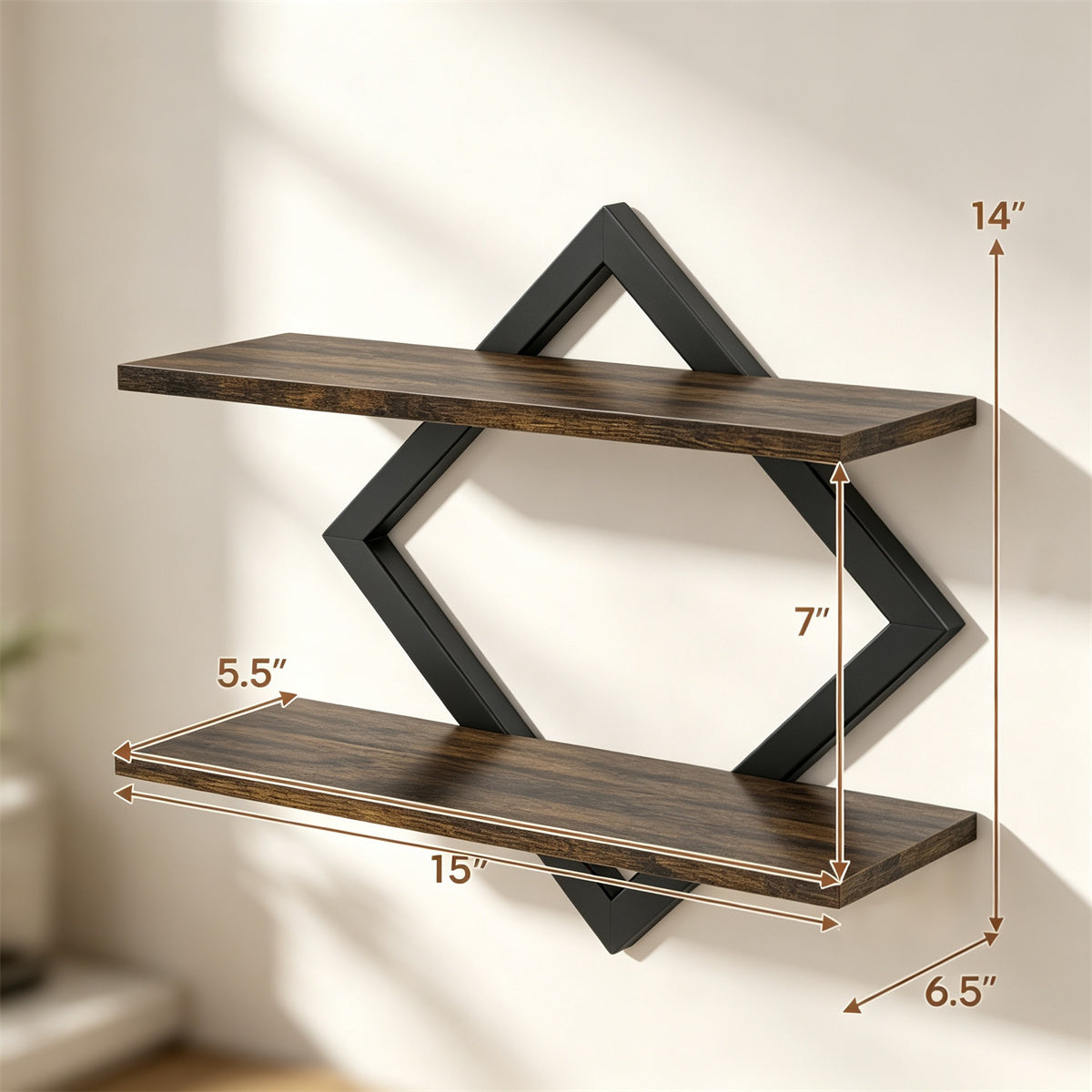 2 Pack Diamond Floating Wall Shelves, Rustic Wood & Metal Double Tier Wall Mount Shelf for Bedroom Living Room Kitchen Decor