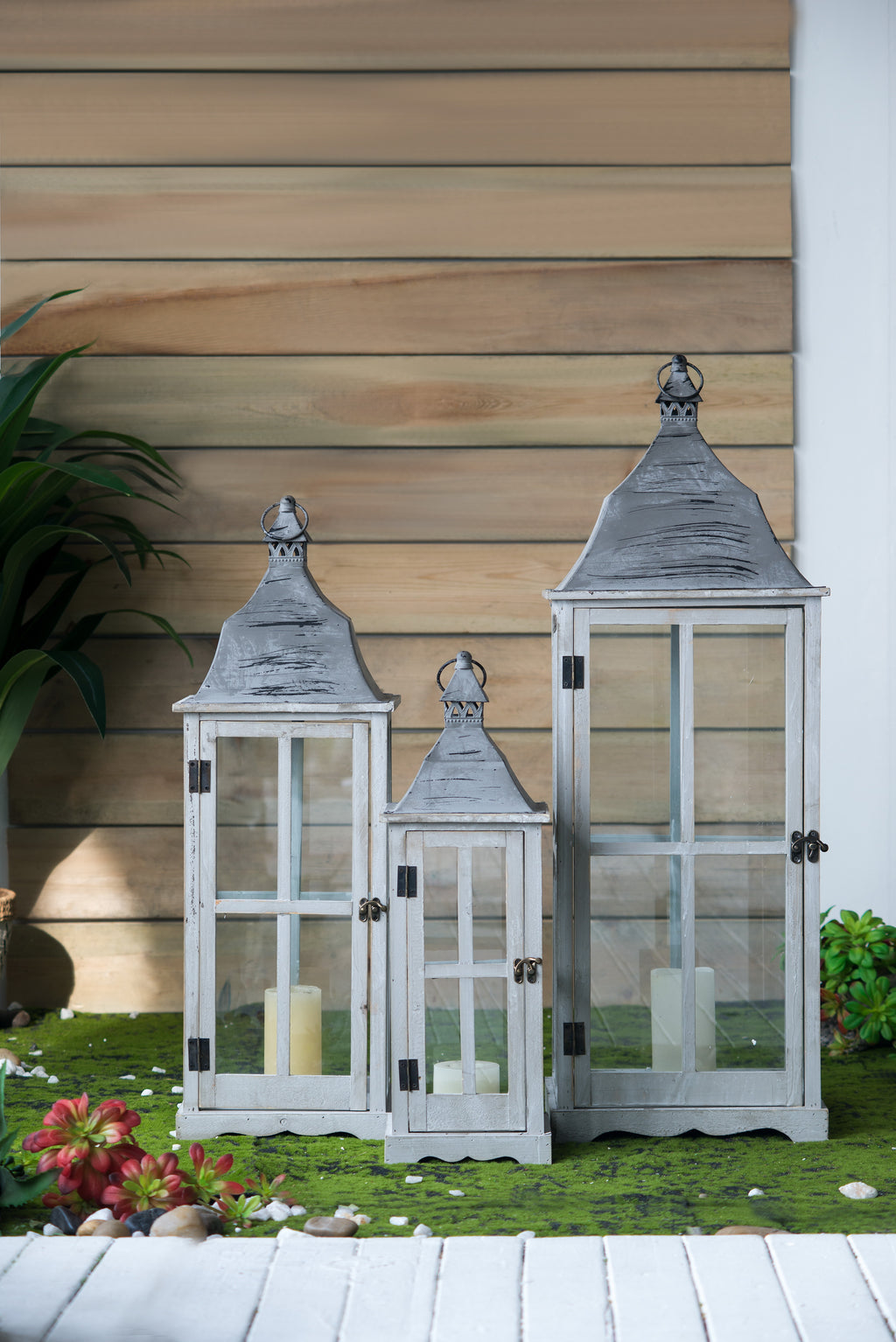AEELLEEA Set of 3 Gray Wooden Decorative Lanterns, Rustic Fir Wood Candle Lanterns for Indoor & Covered Outdoor Decor
