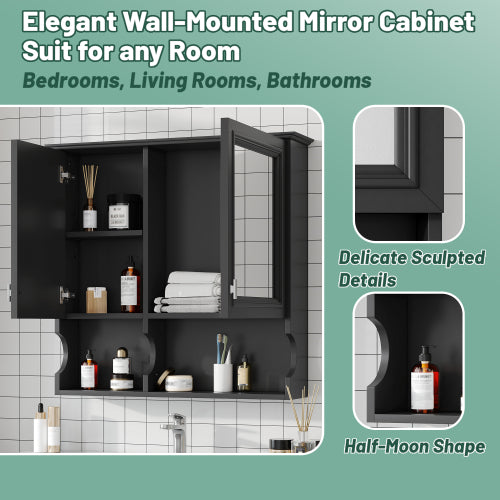 Wall Mounted Storage Cabinet with Mirror, Black Bathroom Medicine Cabinet with Adjustable Shelf, Wall Cabinet for Bedroom