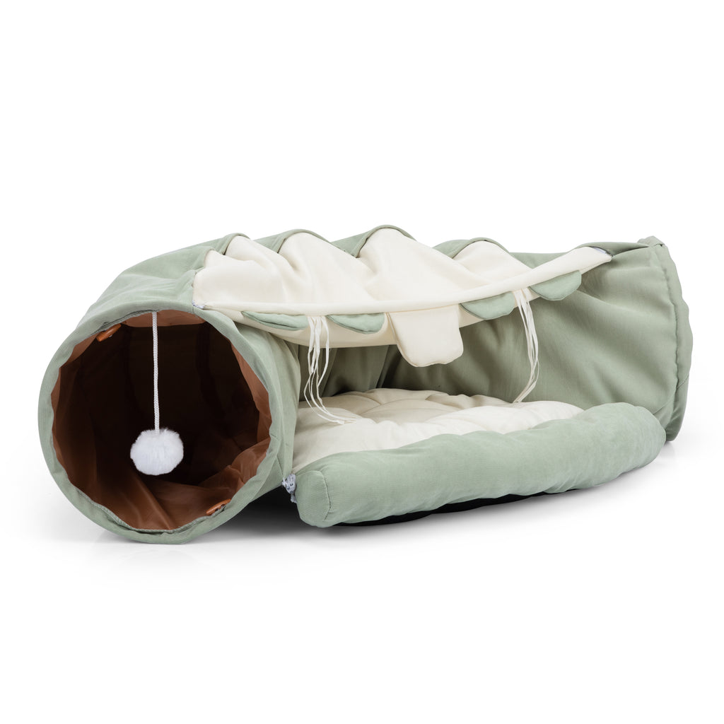Collapsible Integrated Cat Bed, Washable Indoor Cat Play Tunnel Hideaway with Plush Ball Toy for Kittens