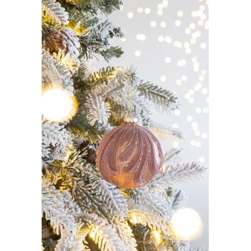 AEELLEEA 3.9" Dusty Pink Flocked Wave Glass Christmas Ornaments Set of 6, Glitter Hanging Baubles for Xmas Tree Holiday Home Decor