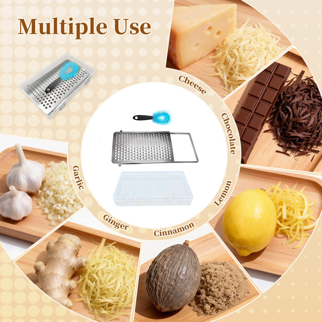 Food Grade Stainless Steel Cheese Grater with Storage Box & Brush, Multi-use for Cheese, Ginger, Garlic & Chocolate