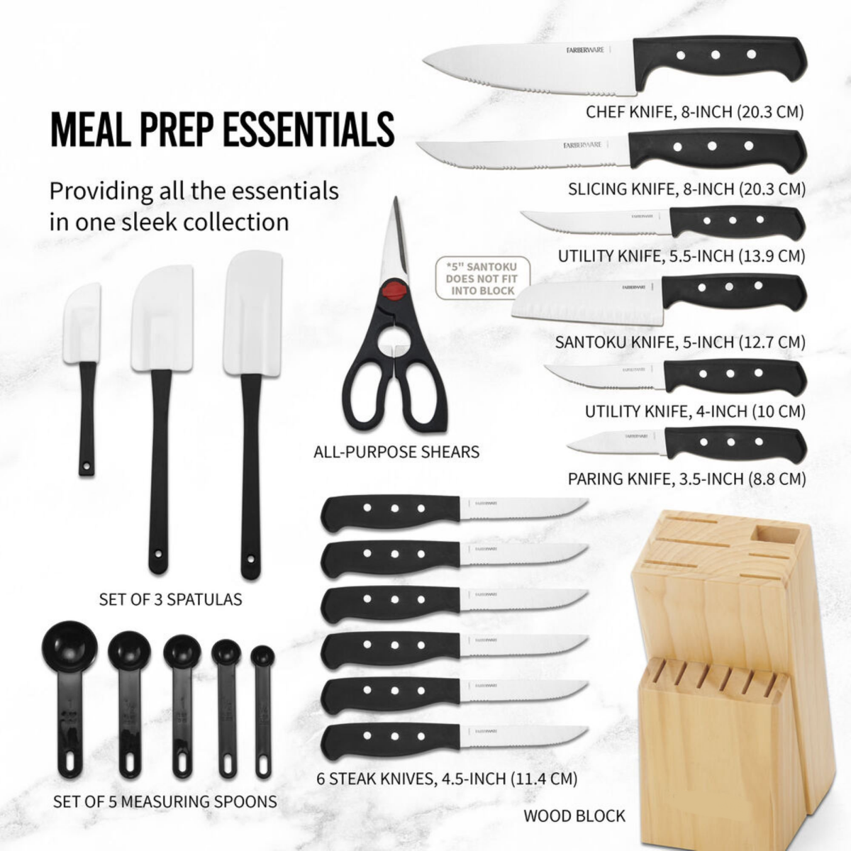 AEELLEEA 22 Piece Kitchen Knife Set with Wood Block, High Carbon Stainless Steel Knives, Spatulas & Measuring Spoons