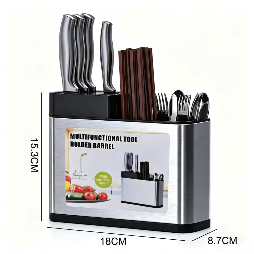 Multifunctional Kitchen Utensil Holder, Stainless Steel Countertop Knife & Cutlery Storage Organizer with Drain Holes for Kitchen Counter
