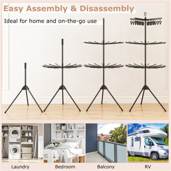 3‑Tier Foldable Tripod Clothes Drying Rack, Space‑Saving Laundry Dryer with 24 Clips & 32 Drying Rods, 70 Inch