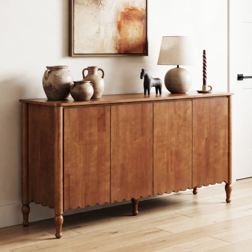 AEELLEEA 59" Farmhouse Sideboard Buffet Cabinet with 4 Doors, Rustic Wood Storage Cabinet with Shelves for Dining Room, Brown