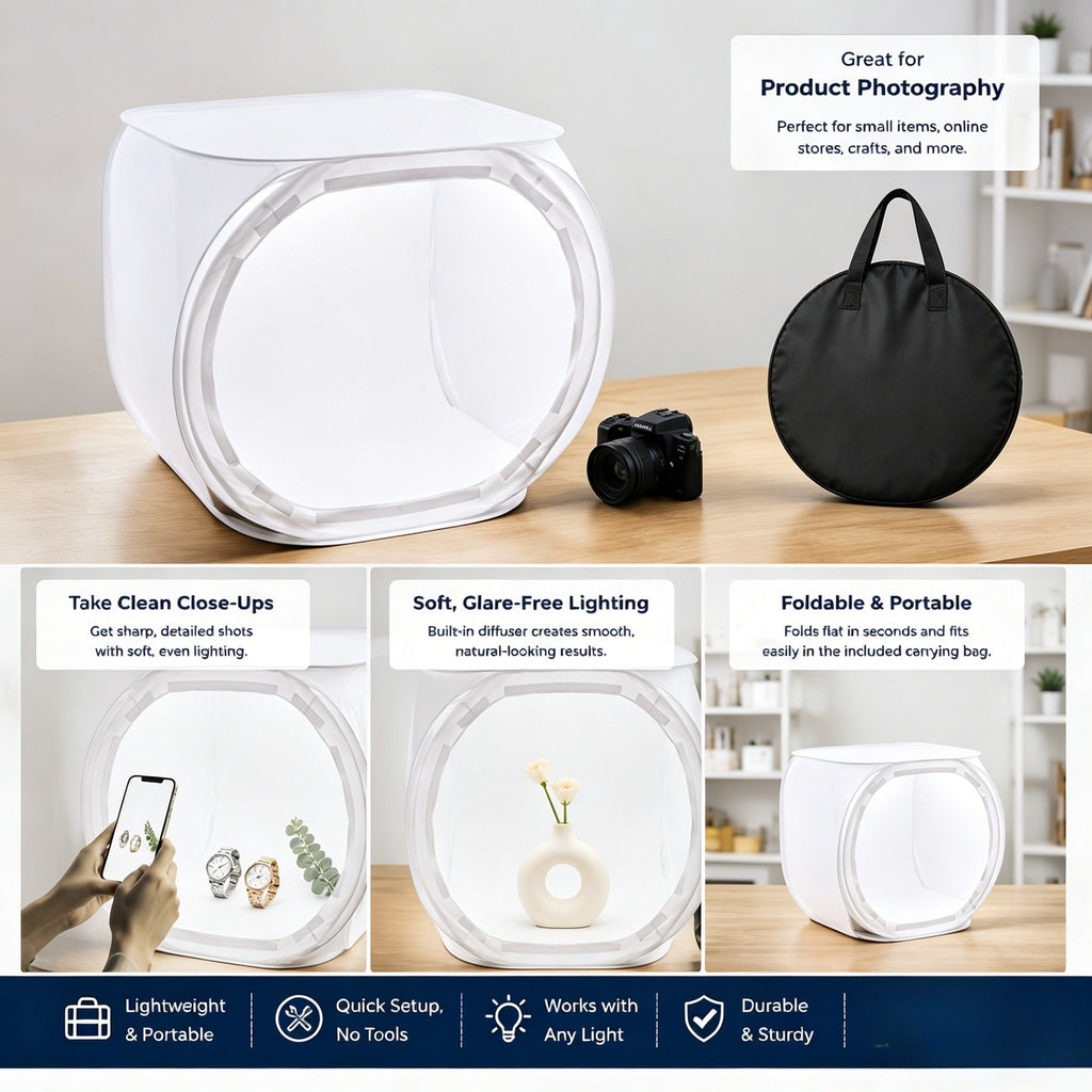 Foldable Photo Studio Light Box, 24x24in Portable Photography Light Tent with Carry Bag, Soft Diffuser for Product Photography, Jewelry & Small Items